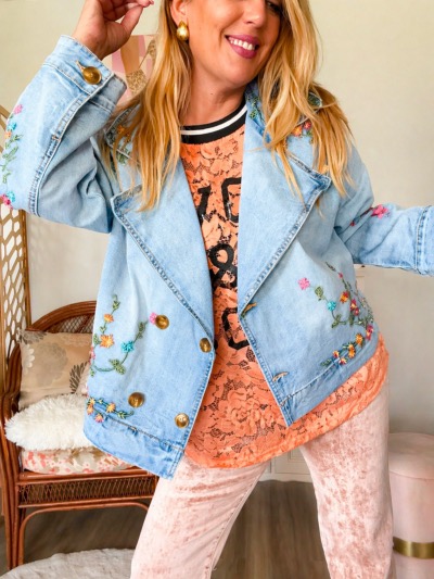 VESTE  JEAN FLOWER POWER